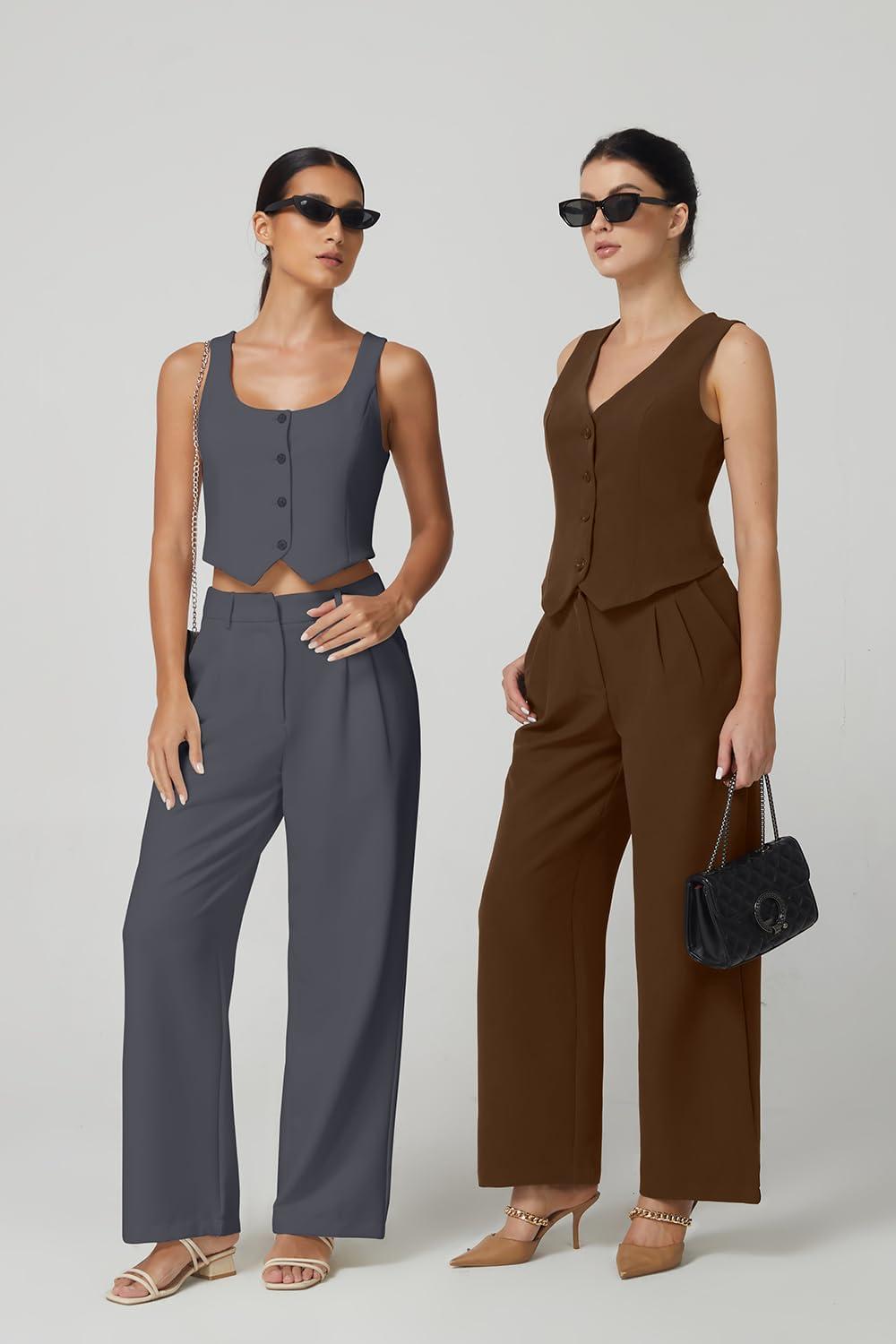 imageQINSEN Wide Leg Dress Pants for Women High Waisted Wrinkle Free Work Pants with Pockets Casual SlackDark Grey