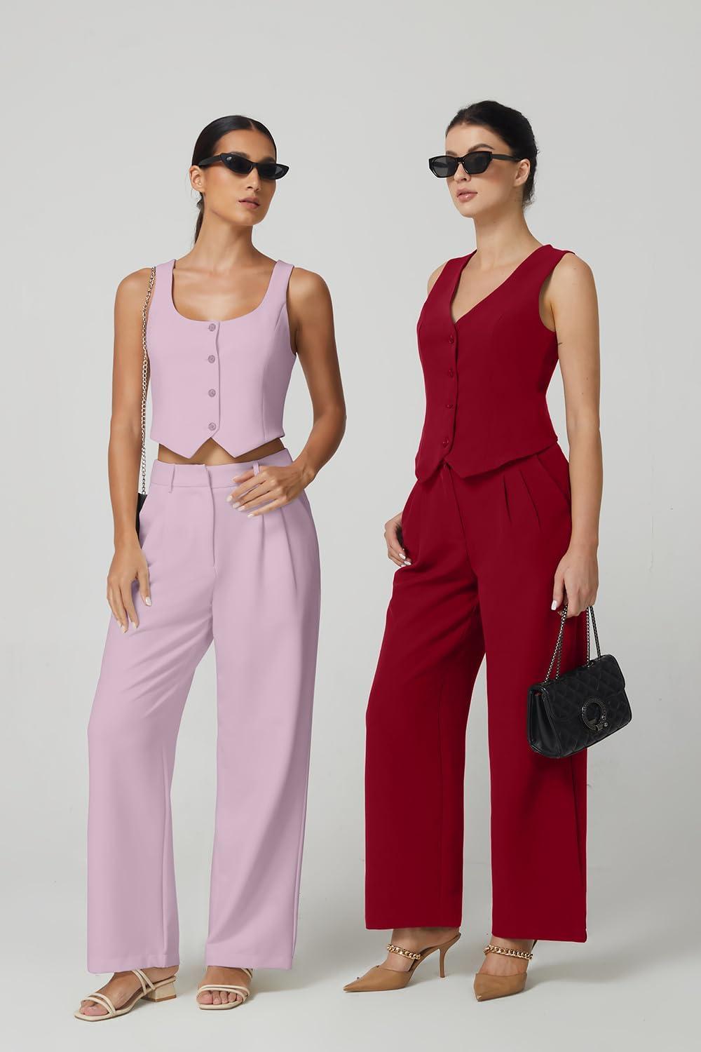 imageQINSEN Wide Leg Dress Pants for Women High Waisted Wrinkle Free Work Pants with Pockets Casual SlackLight Purple