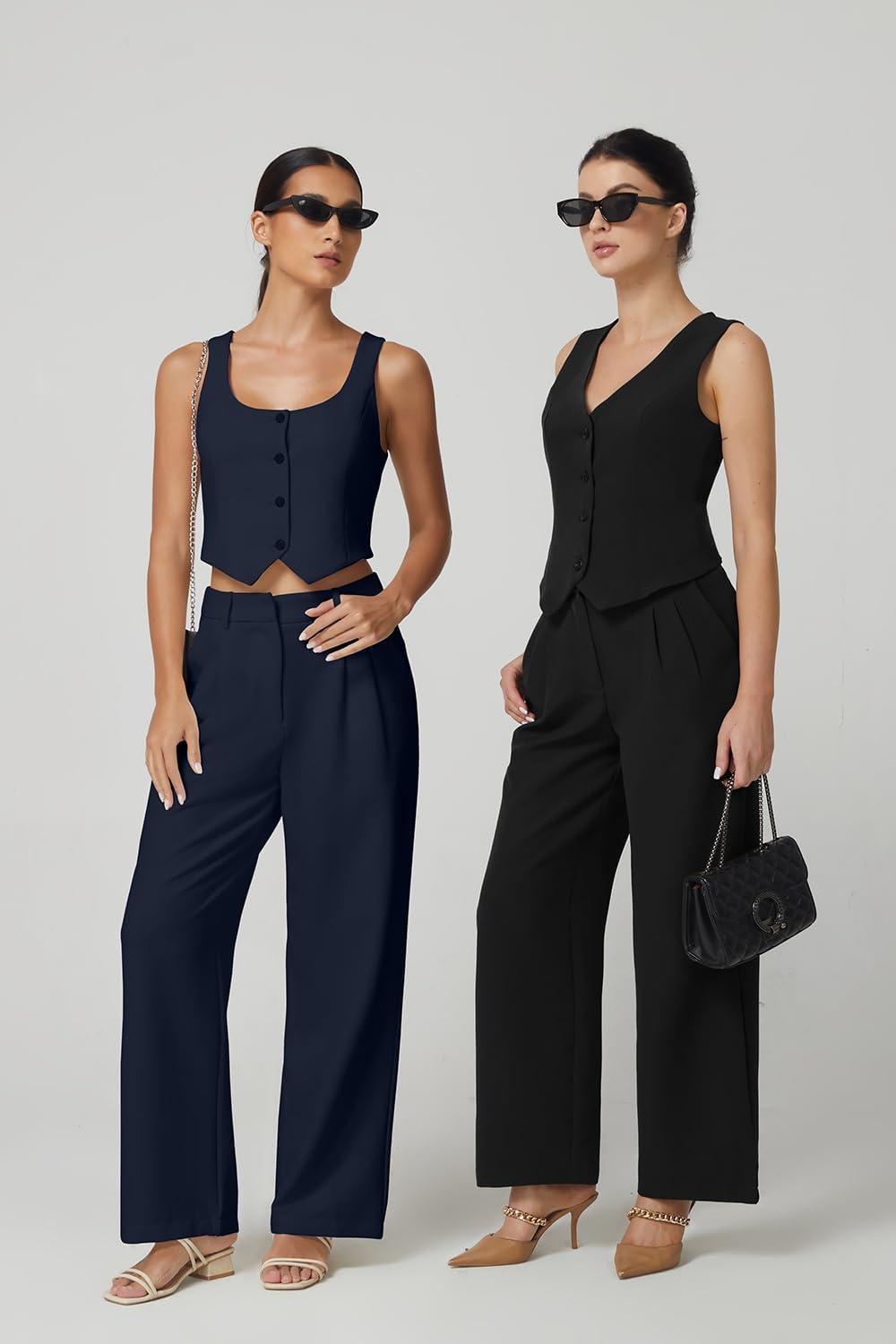 imageQINSEN Wide Leg Dress Pants for Women High Waisted Wrinkle Free Work Pants with Pockets Casual SlackNavy Blue