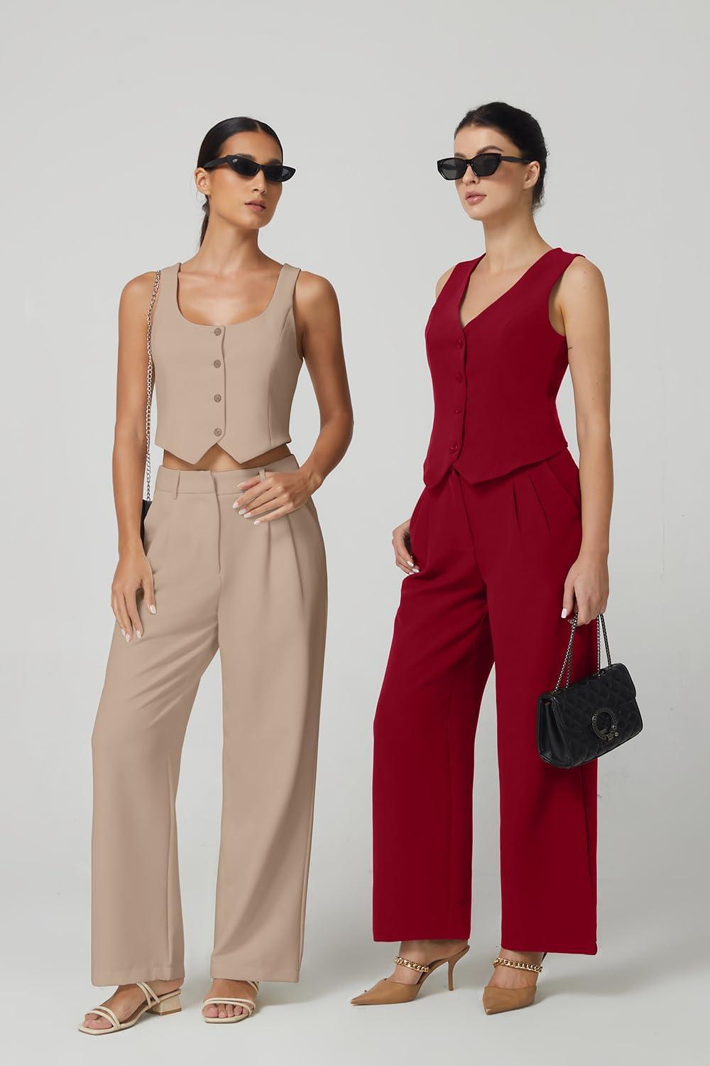 imageQINSEN Wide Leg Dress Pants for Women High Waisted Wrinkle Free Work Pants with Pockets Casual SlackTaupe
