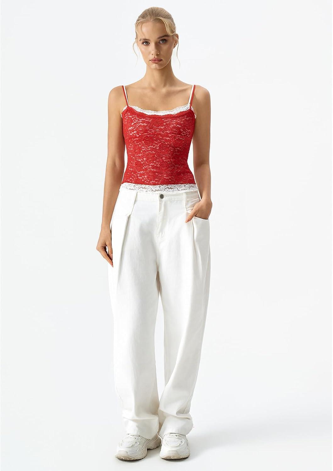 imageQINSEN Womens Double Layer Lace Camisole Tank Scoop Neck Summer Y2k Going Out Trendy Cami ShirtRed