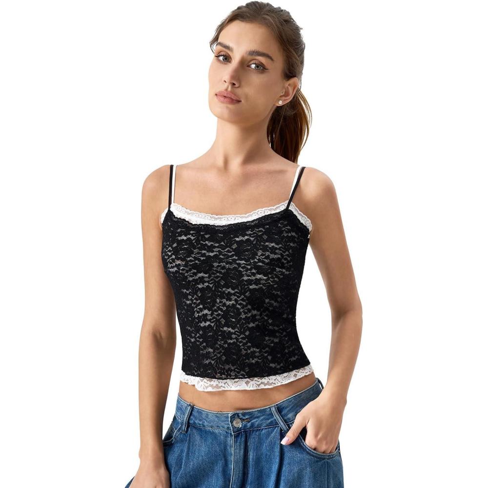 imageQINSEN Womens Double Layer Lace Camisole Tank Scoop Neck Summer Y2k Going Out Trendy Cami ShirtBlack