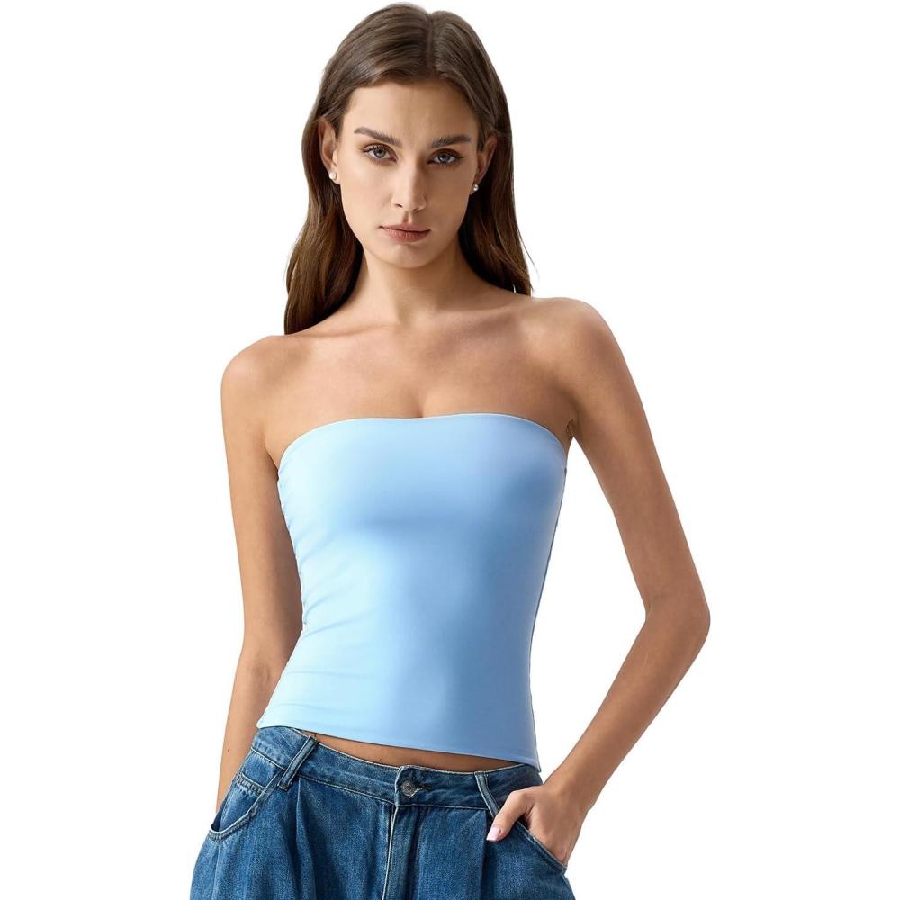imageQINSEN Womens Tube Top Double Lined Strapless Bandeau Top Summer Slim Fit Going Out Tank TopsSky Blue