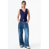 QINSEN Women’s Sleeveless Ribbed Crewneck Tank Top Upper Button Fastening Shirts Going Out Tops(Navy Blue)
