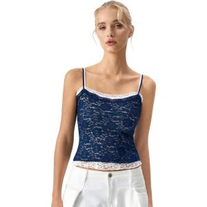 QINSEN Women’s Double Layer Lace Camisole Tank Scoop Neck Summer Y2k Going Out Trendy Cami Shirt(Estate Blue)