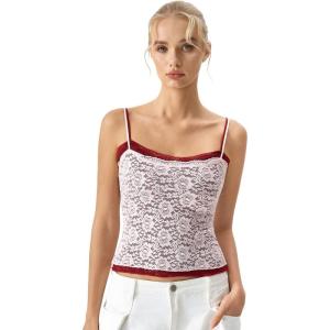 QINSEN Women’s Double Layer Lace Camisole Tank Scoop Neck Summer Y2k Going Out Trendy Cami Shirt(Pink)