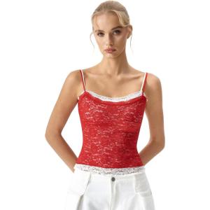 QINSEN Women’s Double Layer Lace Camisole Tank Scoop Neck Summer Y2k Going Out Trendy Cami Shirt(Red)
