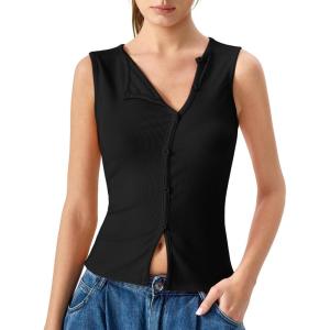 QINSEN Women’s Sleeveless Ribbed Crewneck Tank Top Upper Button Fastening Shirts Going Out Tops(Black)