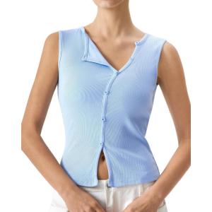 QINSEN Women’s Sleeveless Ribbed Crewneck Tank Top Upper Button Fastening Shirts Going Out Tops(Light Blue)