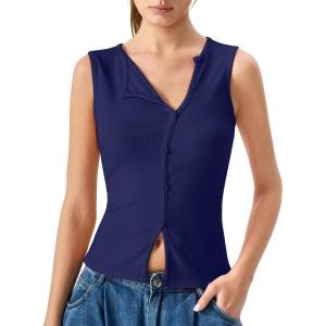 QINSEN Women’s Sleeveless Ribbed Crewneck Tank Top Upper Button Fastening Shirts Going Out Tops(Navy Blue)