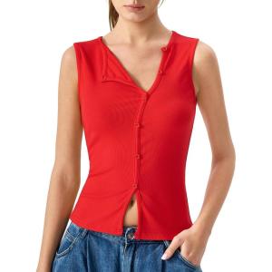 QINSEN Women’s Sleeveless Ribbed Crewneck Tank Top Upper Button Fastening Shirts Going Out Tops(Red)