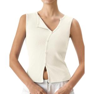 QINSEN Women’s Sleeveless Ribbed Crewneck Tank Top Upper Button Fastening Shirts Going Out Tops(Splashed White)