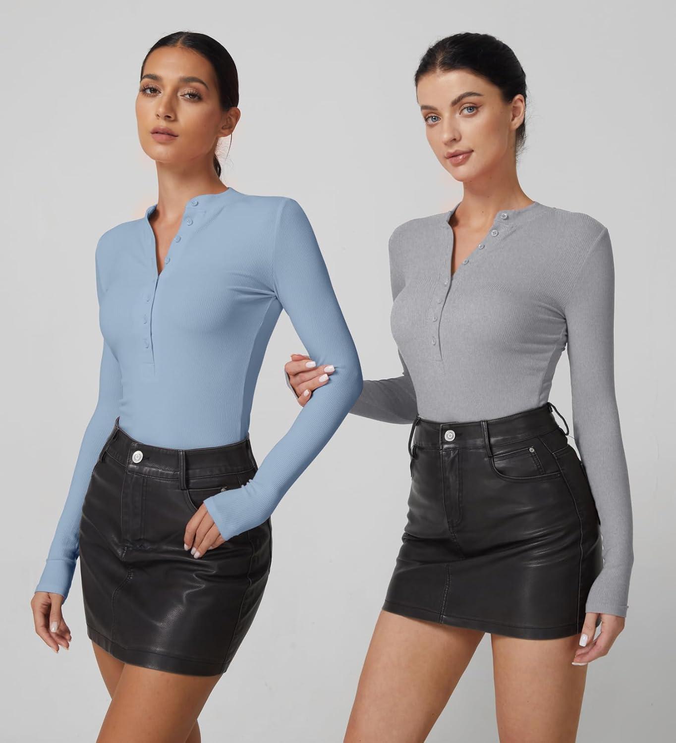 imageQINSEN Button Down Shirts for Women V Neck Long Sleeve Ribbed Knit Slim Fit Basic Tee TopsLight Grey