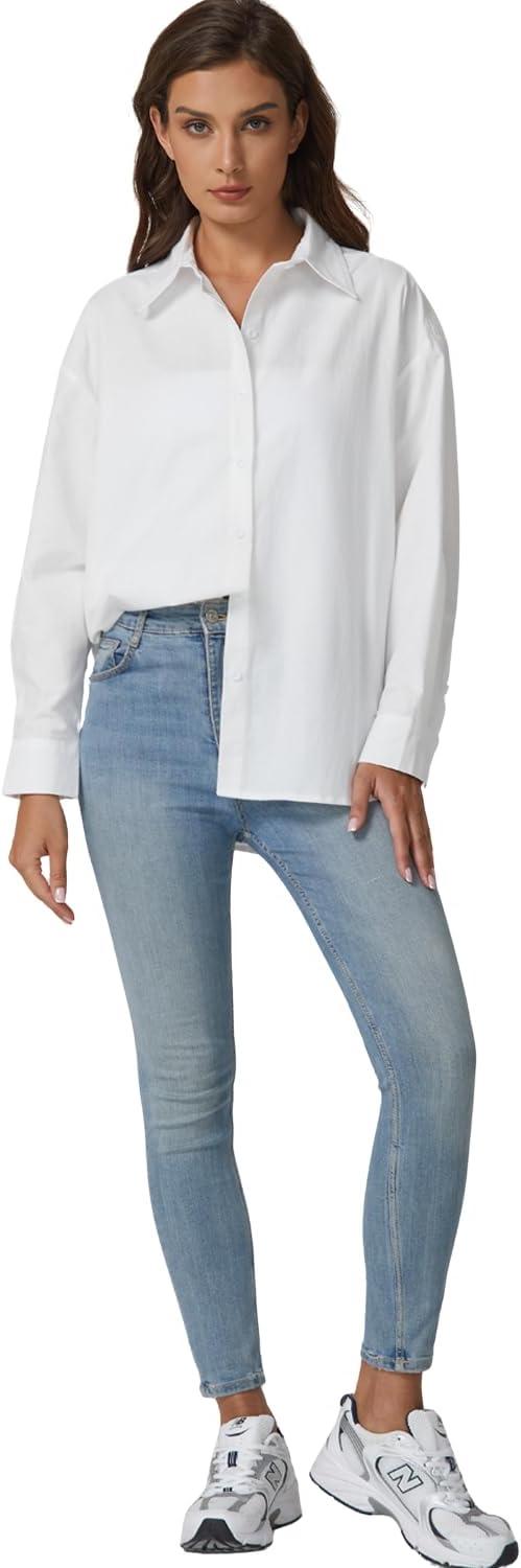imageQINSEN Oversized Button Down Shirts for Women Long Sleeve Striped Casual Blouse Cotton TopsWhite