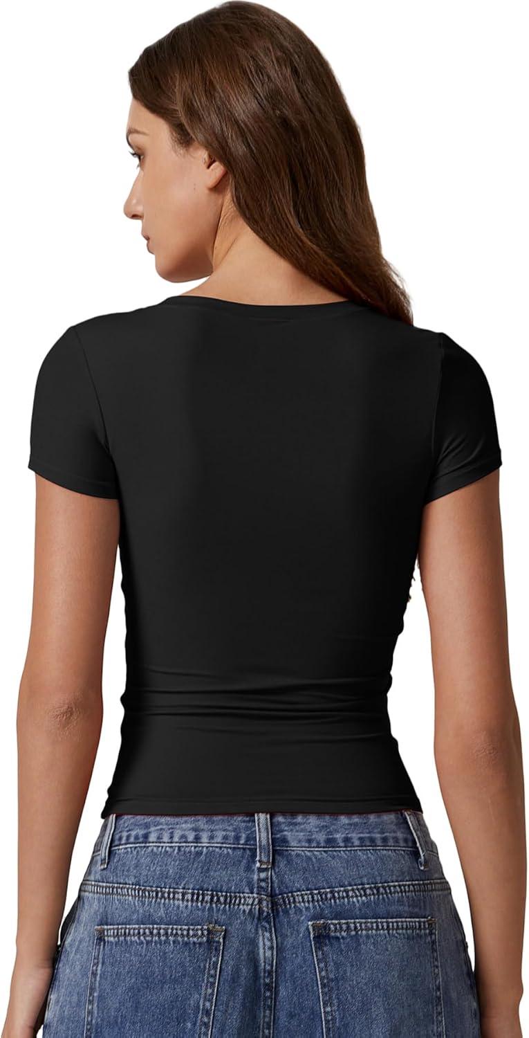 imageQINSEN Short Sleeve Shirts for Women Round Neck Basic Double Lined Tees Fitted Y2k Crop Tops