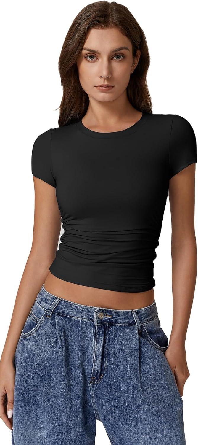 imageQINSEN Short Sleeve Shirts for Women Round Neck Basic Double Lined Tees Fitted Y2k Crop Tops