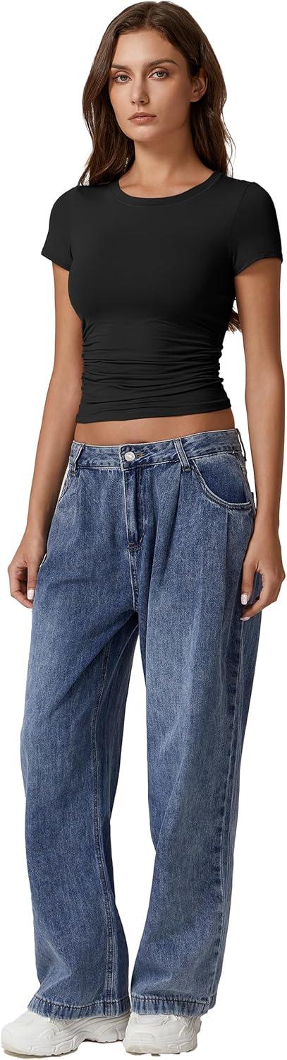 imageQINSEN Short Sleeve Shirts for Women Round Neck Basic Double Lined Tees Fitted Y2k Crop Tops