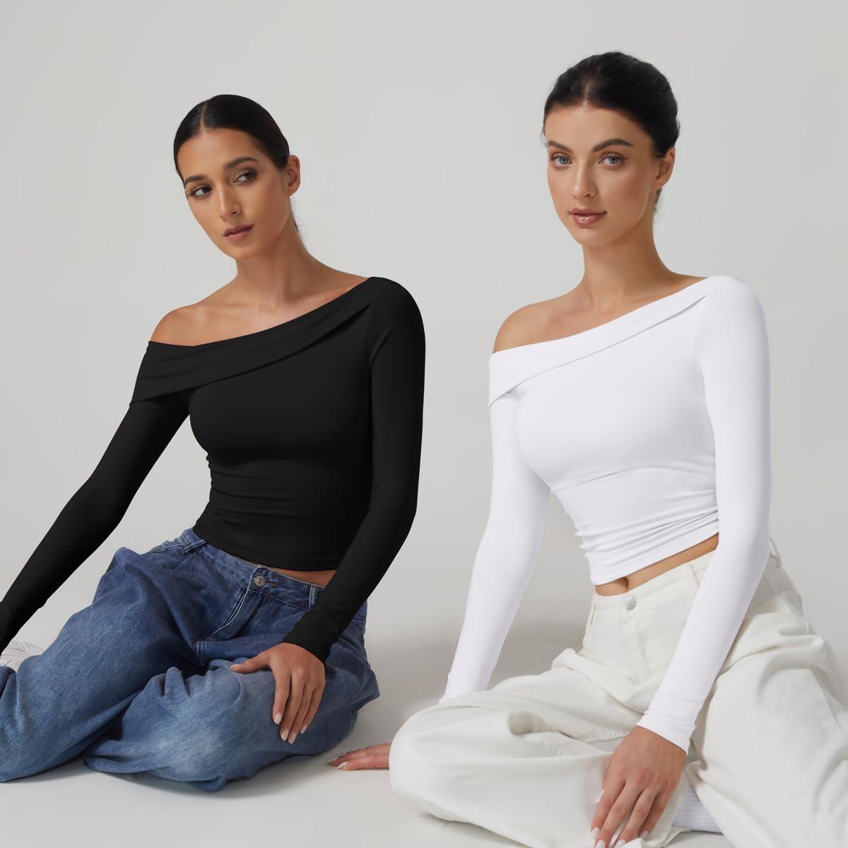 imageQINSEN Women Long Sleeve Off Shoulder Tops Trendy Double Lined Going Out Shirt for FallBlack
