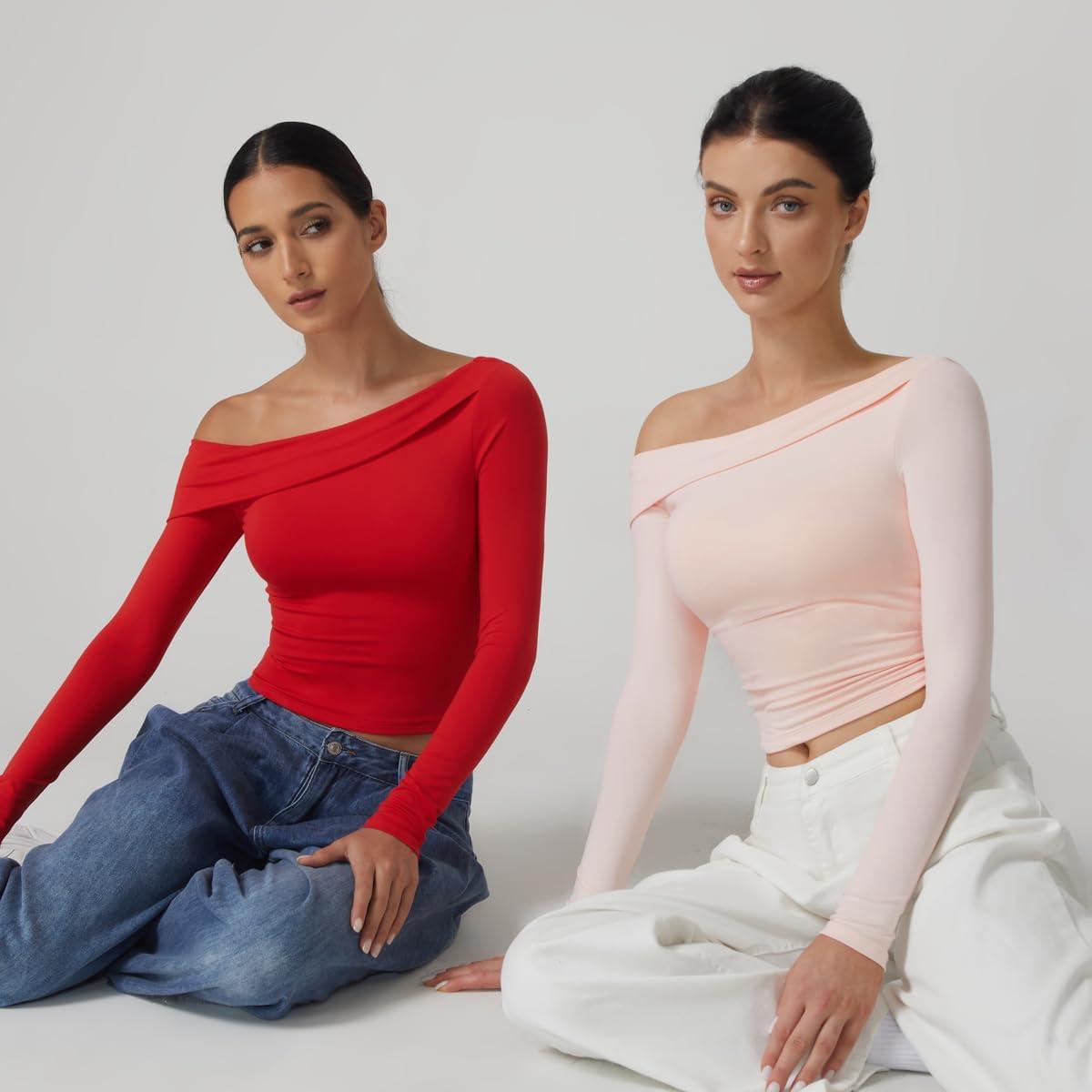imageQINSEN Women Long Sleeve Off Shoulder Tops Trendy Double Lined Going Out Shirt for FallPink