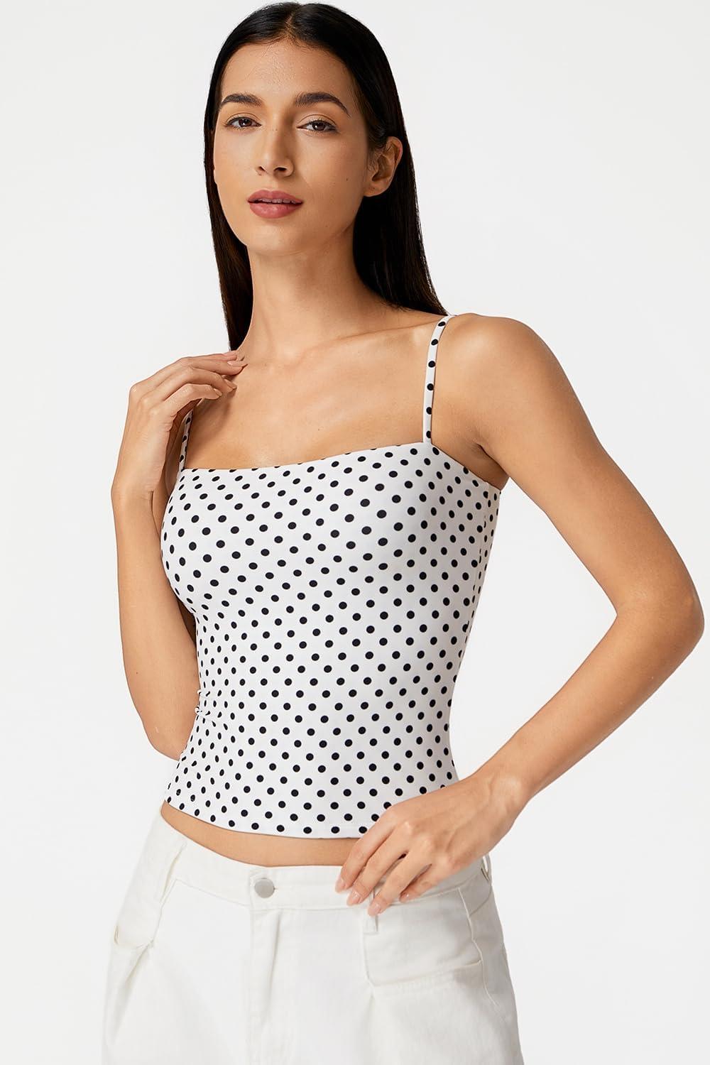 imageQINSEN Womens Double Lined Basic Tank Top Adjustable Spaghetti Straps Sleeveless Camisole ShirtsBlack Polka Dots