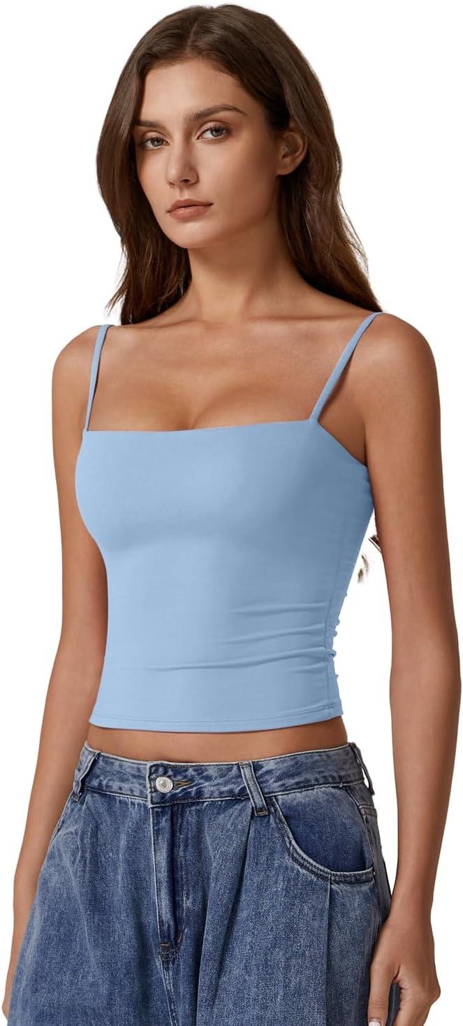 imageQINSEN Womens Double Lined Basic Tank Top Adjustable Spaghetti Straps Sleeveless Camisole ShirtsLight Blue