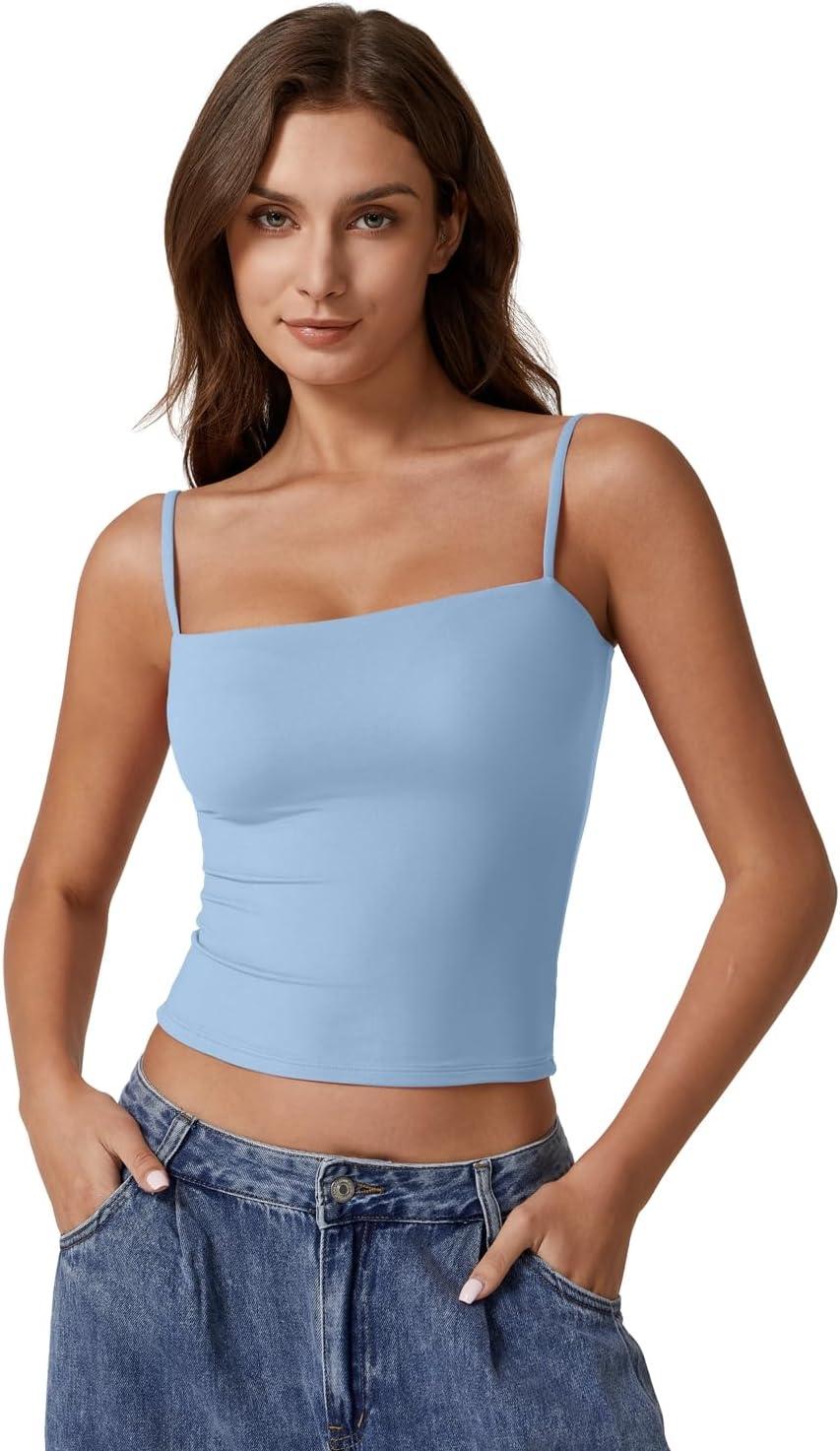 imageQINSEN Womens Double Lined Basic Tank Top Adjustable Spaghetti Straps Sleeveless Camisole ShirtsLight Blue