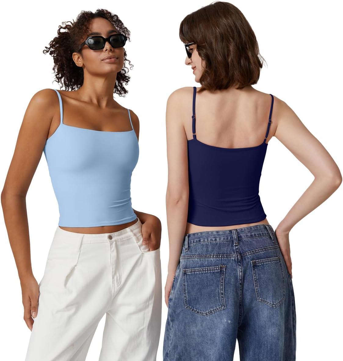 imageQINSEN Womens Double Lined Basic Tank Top Adjustable Spaghetti Straps Sleeveless Camisole ShirtsLight Blue