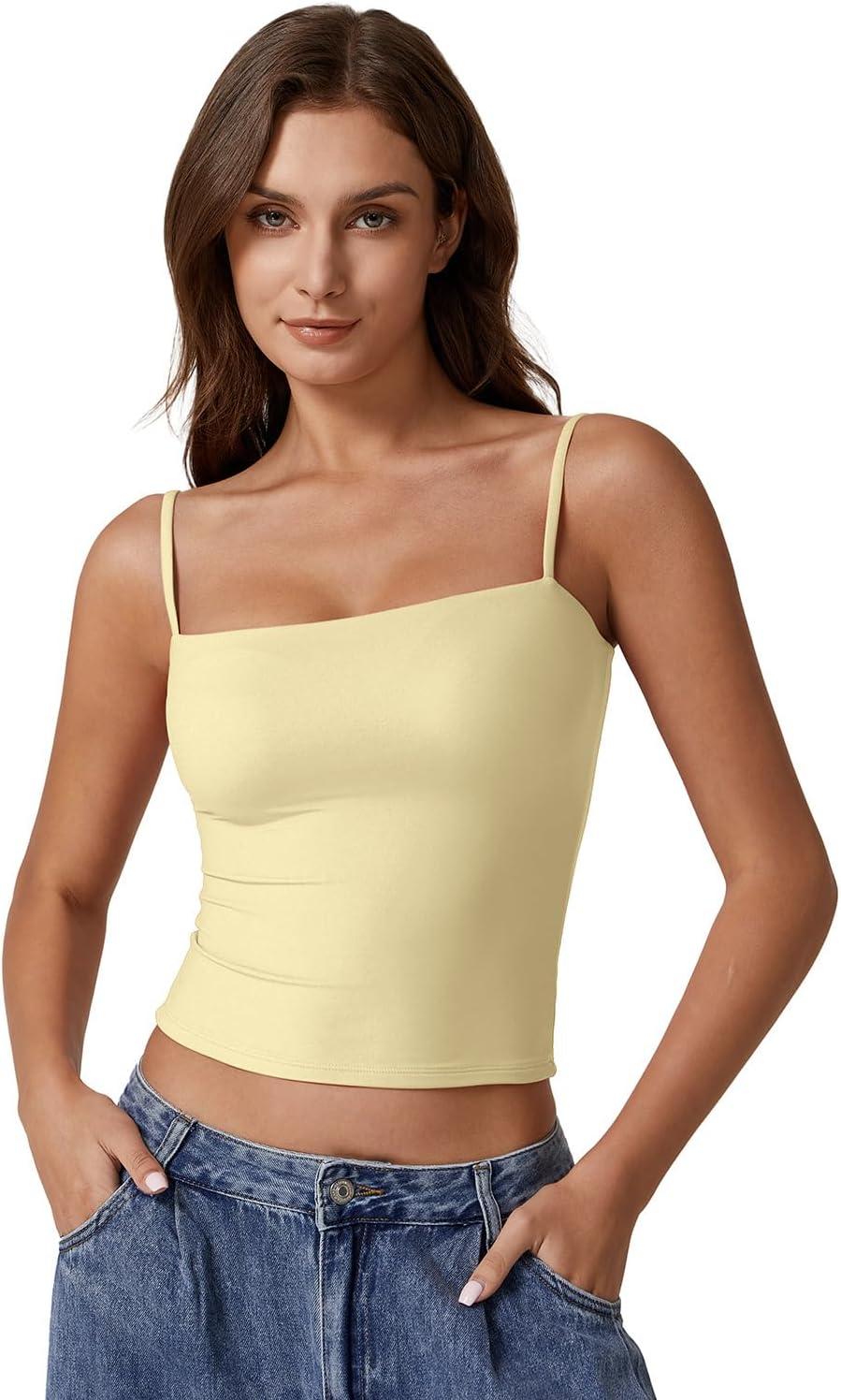 imageQINSEN Womens Double Lined Basic Tank Top Adjustable Spaghetti Straps Sleeveless Camisole ShirtsLight Yellow