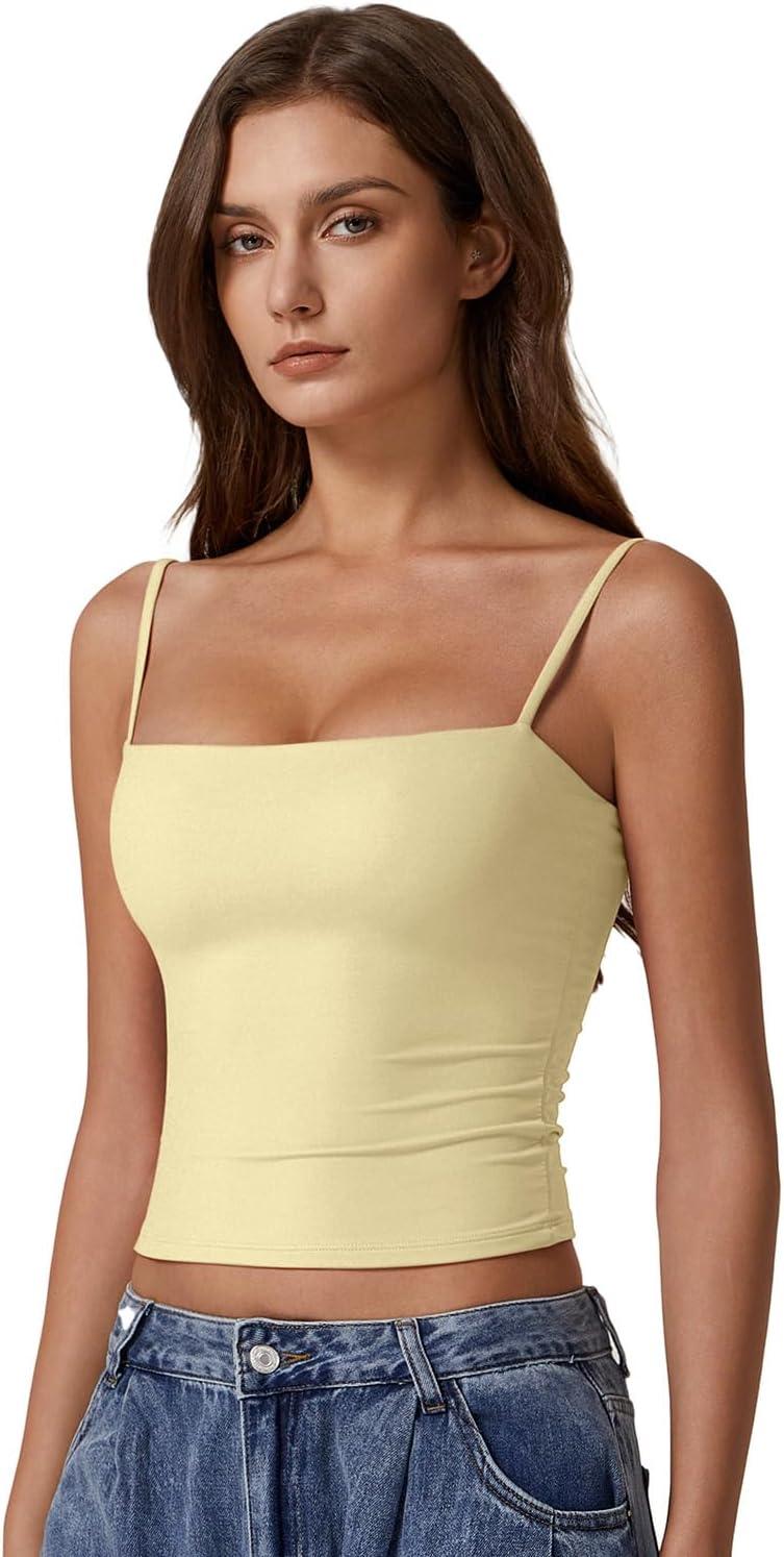 imageQINSEN Womens Double Lined Basic Tank Top Adjustable Spaghetti Straps Sleeveless Camisole ShirtsLight Yellow