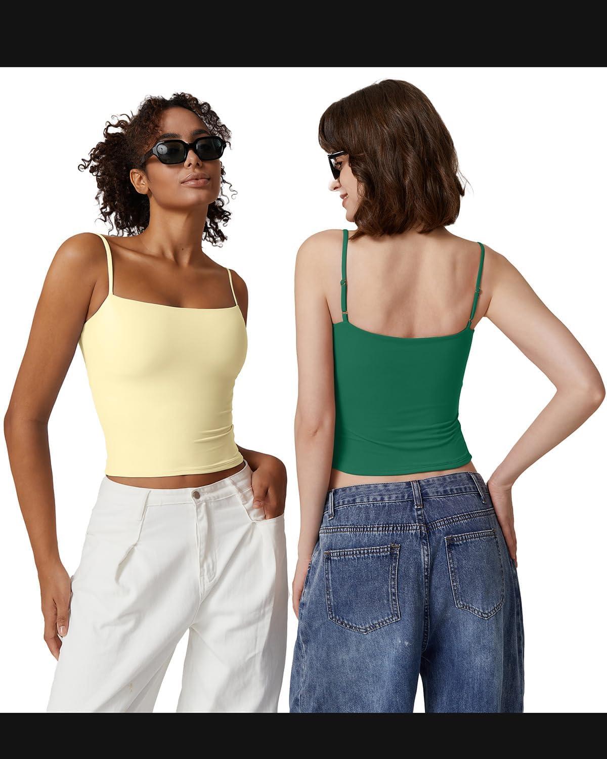 imageQINSEN Womens Double Lined Basic Tank Top Adjustable Spaghetti Straps Sleeveless Camisole ShirtsLight Yellow