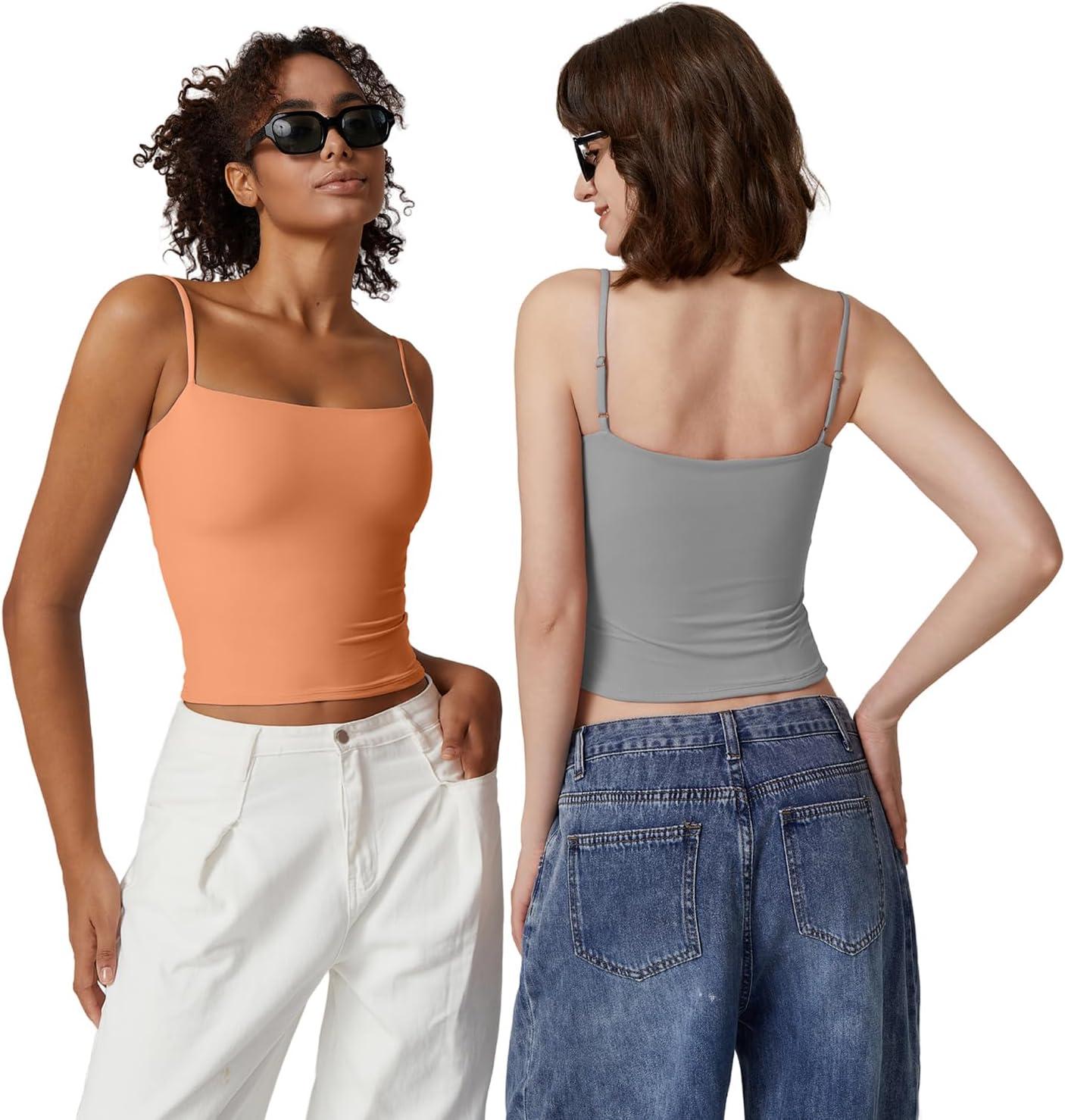 imageQINSEN Womens Double Lined Basic Tank Top Adjustable Spaghetti Straps Sleeveless Camisole ShirtsPink