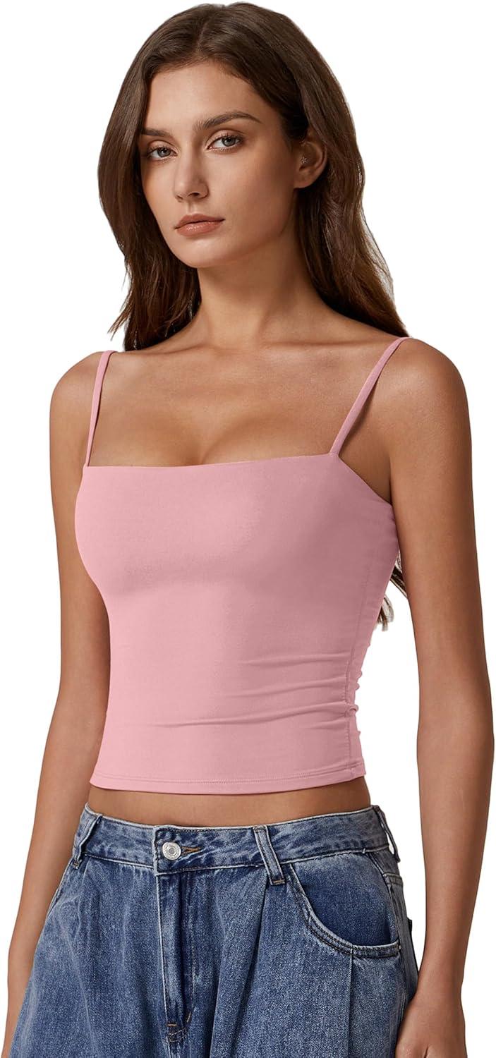 imageQINSEN Womens Double Lined Basic Tank Top Adjustable Spaghetti Straps Sleeveless Camisole ShirtsPink