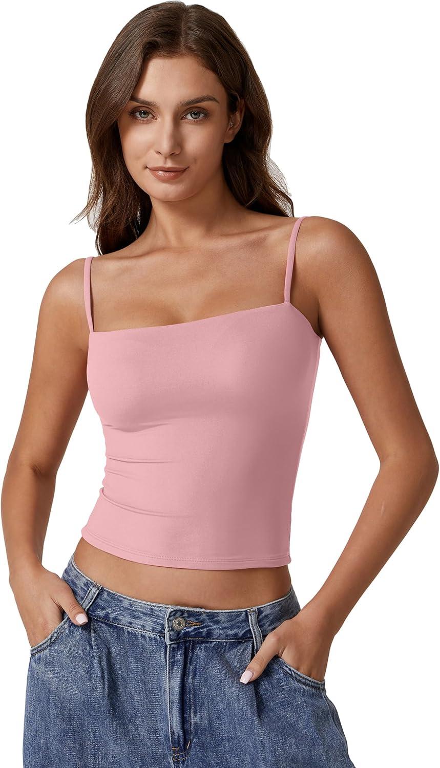 imageQINSEN Womens Double Lined Basic Tank Top Adjustable Spaghetti Straps Sleeveless Camisole ShirtsPink