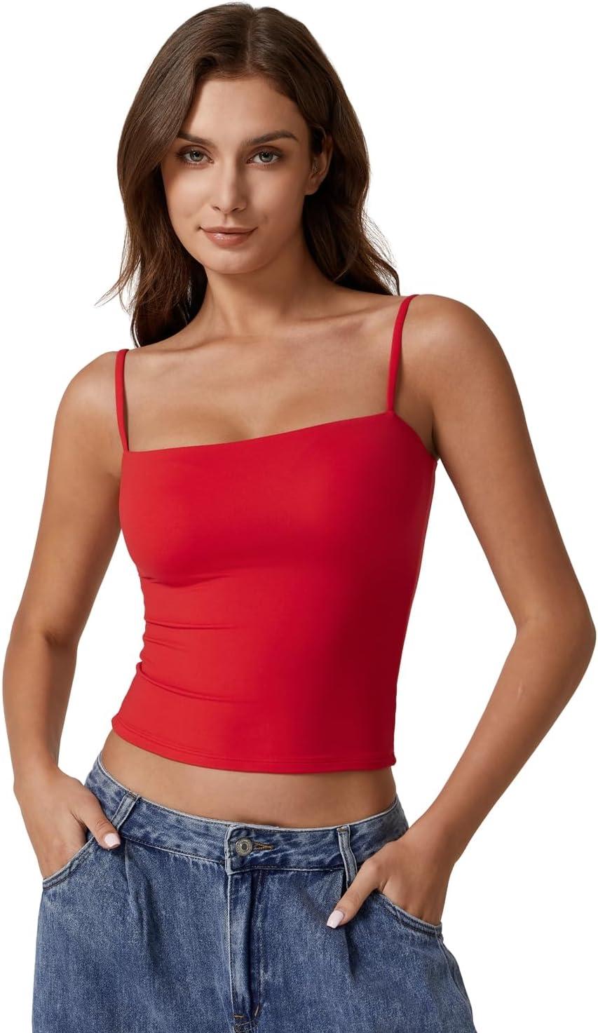imageQINSEN Womens Double Lined Basic Tank Top Adjustable Spaghetti Straps Sleeveless Camisole ShirtsRed