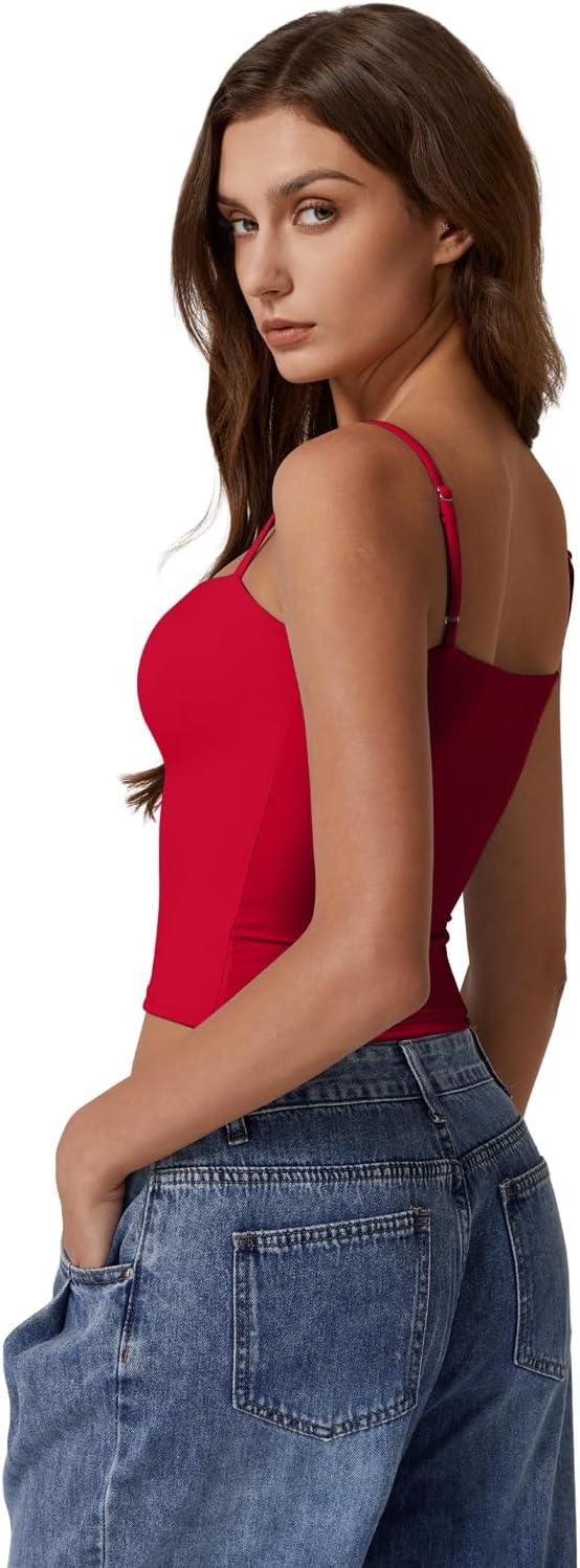 imageQINSEN Womens Double Lined Basic Tank Top Adjustable Spaghetti Straps Sleeveless Camisole ShirtsRed