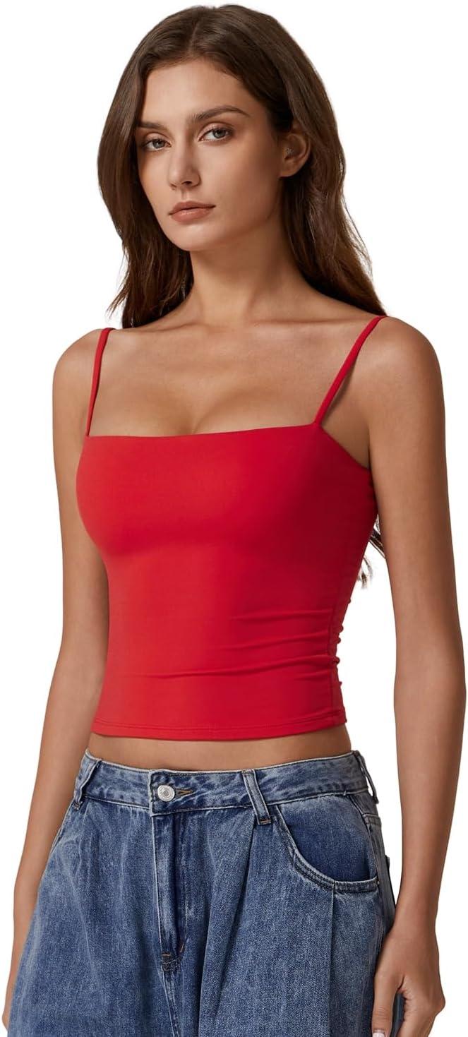 imageQINSEN Womens Double Lined Basic Tank Top Adjustable Spaghetti Straps Sleeveless Camisole ShirtsRed