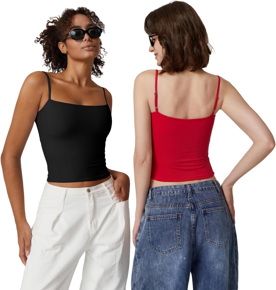 imageQINSEN Womens Double Lined Basic Tank Top Adjustable Spaghetti Straps Sleeveless Camisole ShirtsRed