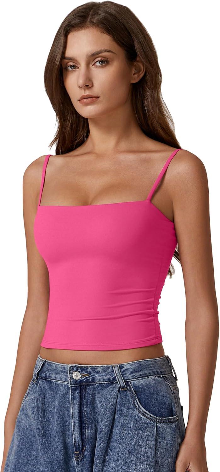 imageQINSEN Womens Double Lined Basic Tank Top Adjustable Spaghetti Straps Sleeveless Camisole ShirtsRosy