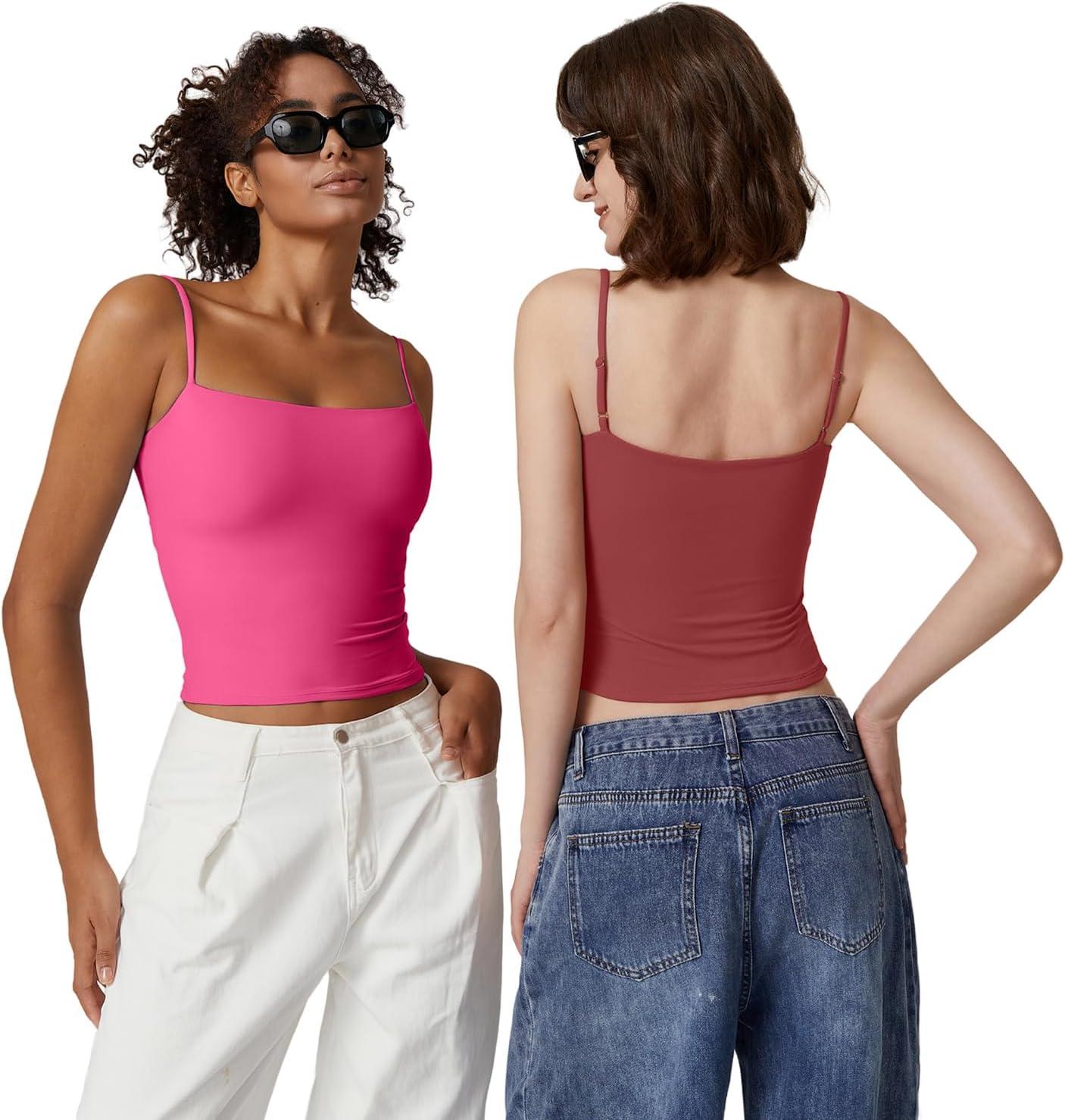 imageQINSEN Womens Double Lined Basic Tank Top Adjustable Spaghetti Straps Sleeveless Camisole ShirtsRosy