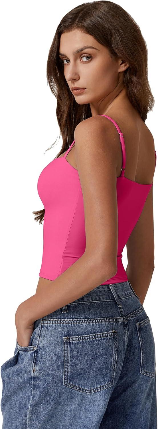 imageQINSEN Womens Double Lined Basic Tank Top Adjustable Spaghetti Straps Sleeveless Camisole ShirtsRosy