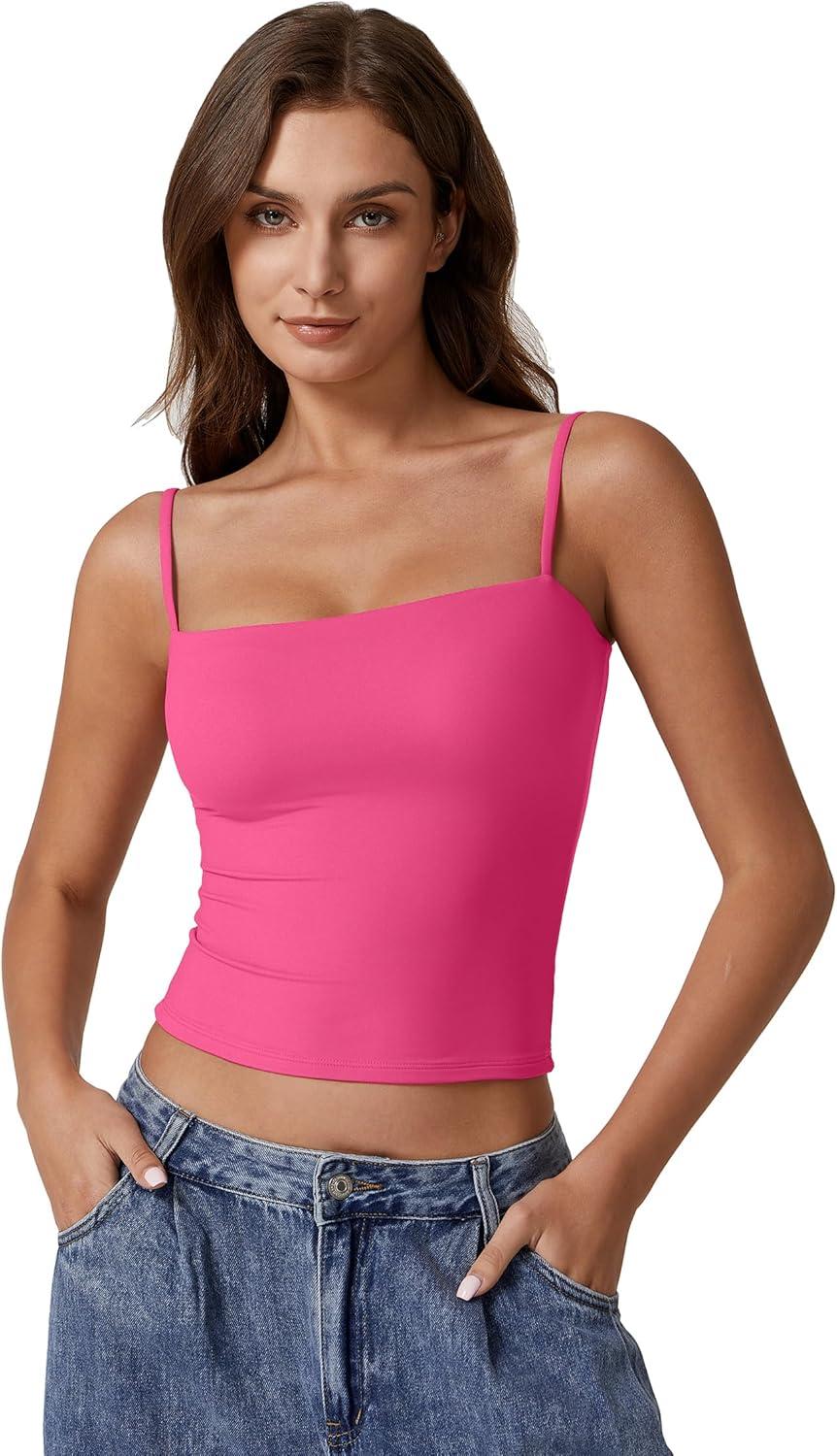 imageQINSEN Womens Double Lined Basic Tank Top Adjustable Spaghetti Straps Sleeveless Camisole ShirtsRosy