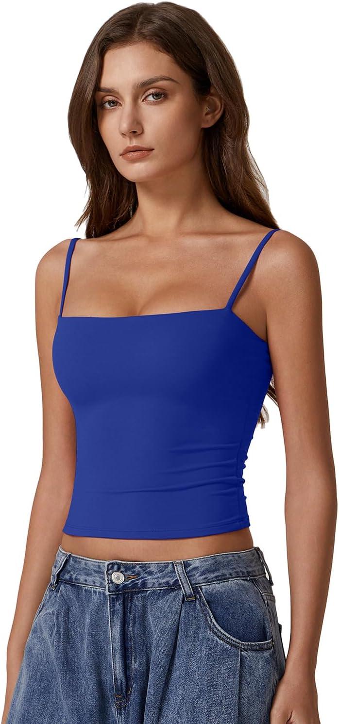 imageQINSEN Womens Double Lined Basic Tank Top Adjustable Spaghetti Straps Sleeveless Camisole ShirtsSapphire
