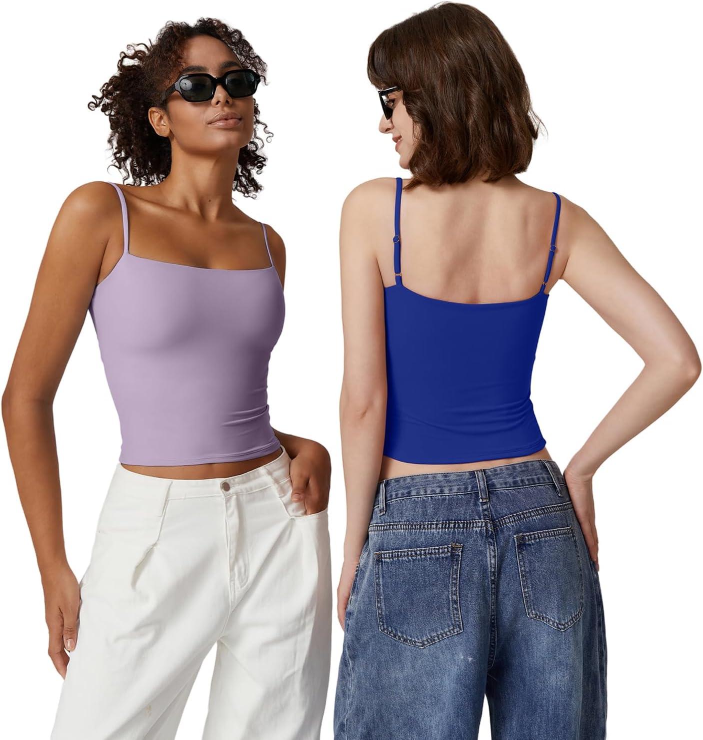 imageQINSEN Womens Double Lined Basic Tank Top Adjustable Spaghetti Straps Sleeveless Camisole ShirtsSapphire