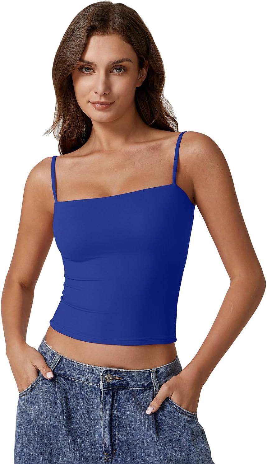 imageQINSEN Womens Double Lined Basic Tank Top Adjustable Spaghetti Straps Sleeveless Camisole ShirtsSapphire