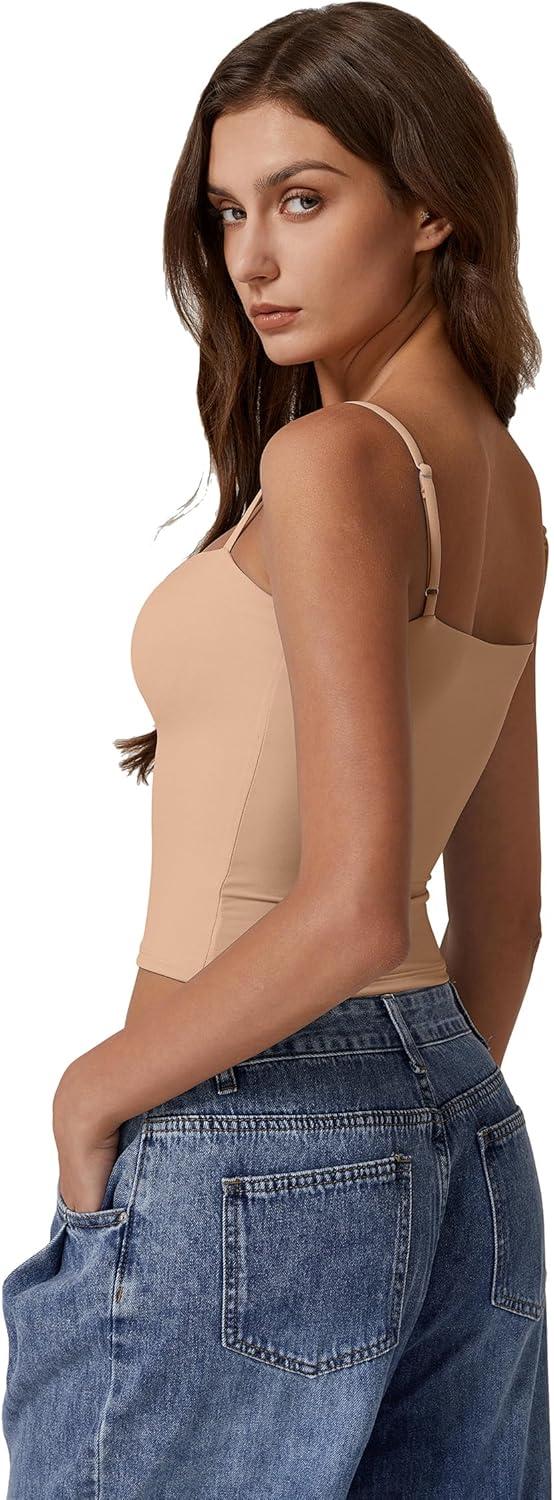 imageQINSEN Womens Double Lined Basic Tank Top Adjustable Spaghetti Straps Sleeveless Camisole ShirtsTan