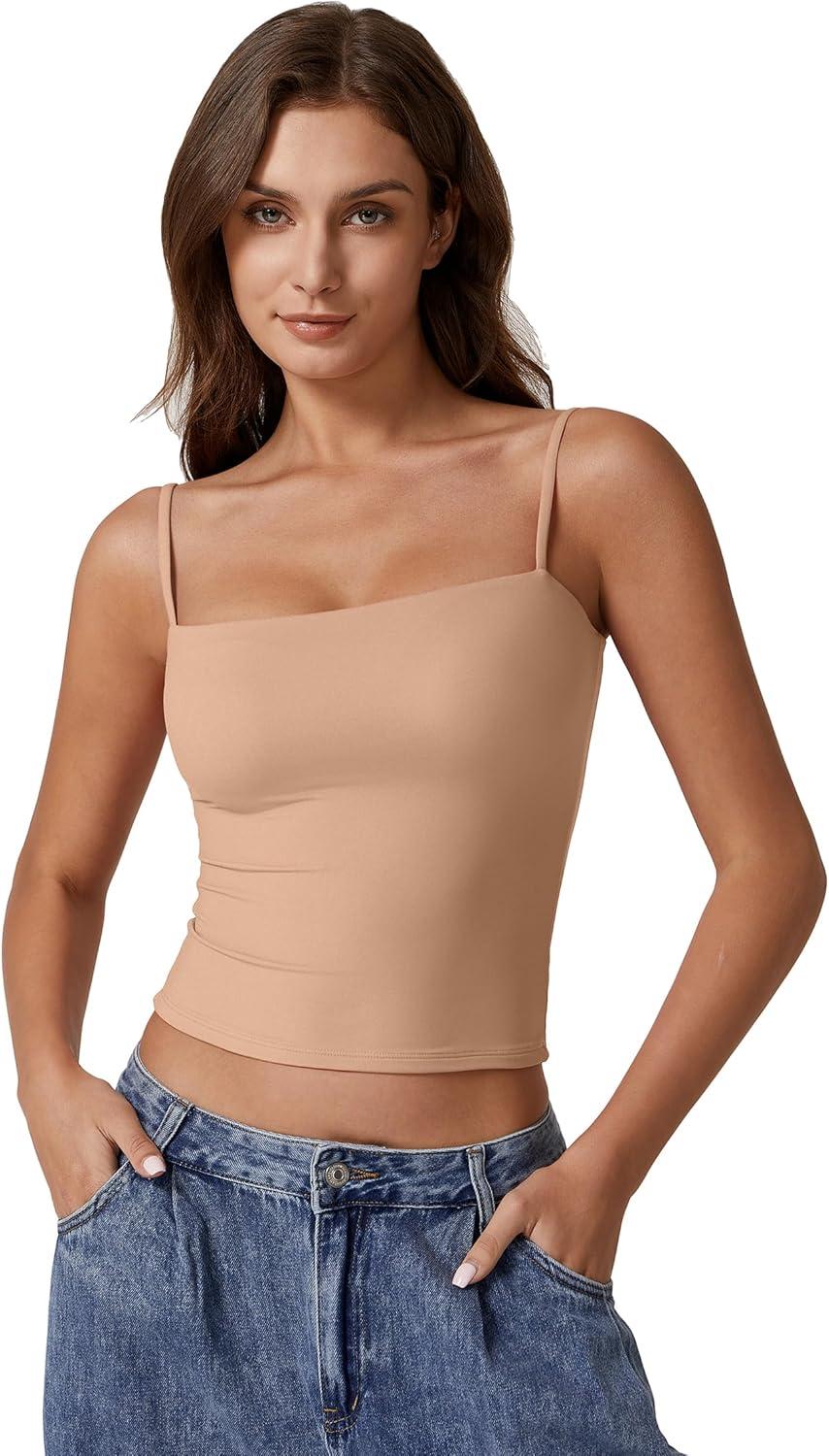 imageQINSEN Womens Double Lined Basic Tank Top Adjustable Spaghetti Straps Sleeveless Camisole ShirtsTan