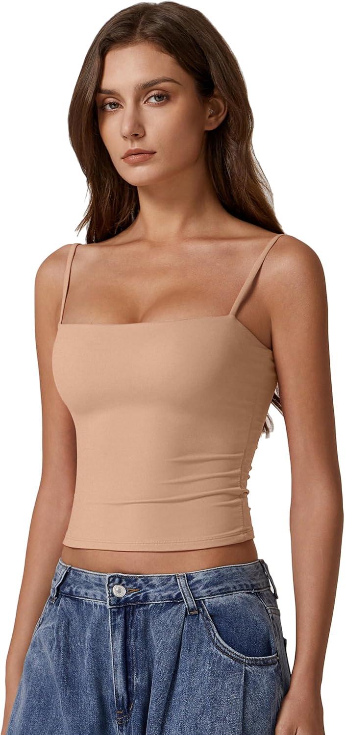 imageQINSEN Womens Double Lined Basic Tank Top Adjustable Spaghetti Straps Sleeveless Camisole ShirtsTan
