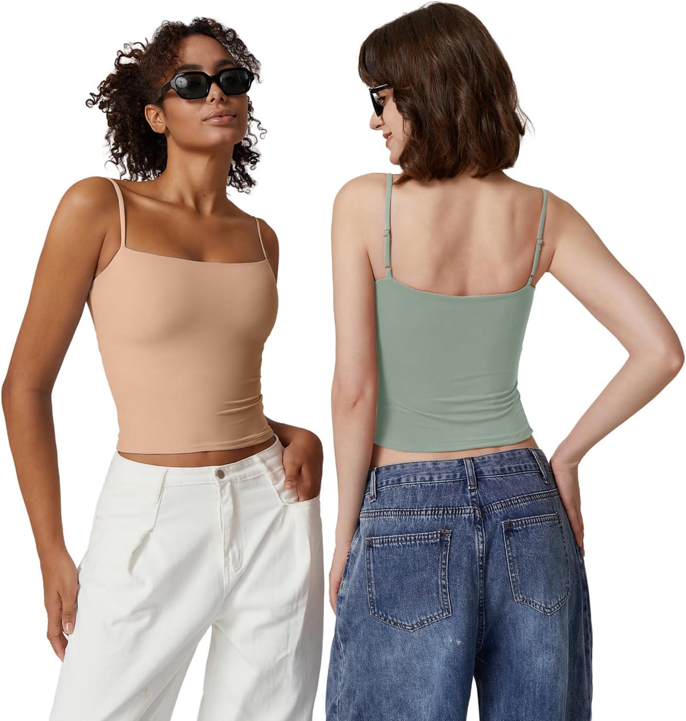 imageQINSEN Womens Double Lined Basic Tank Top Adjustable Spaghetti Straps Sleeveless Camisole ShirtsTan