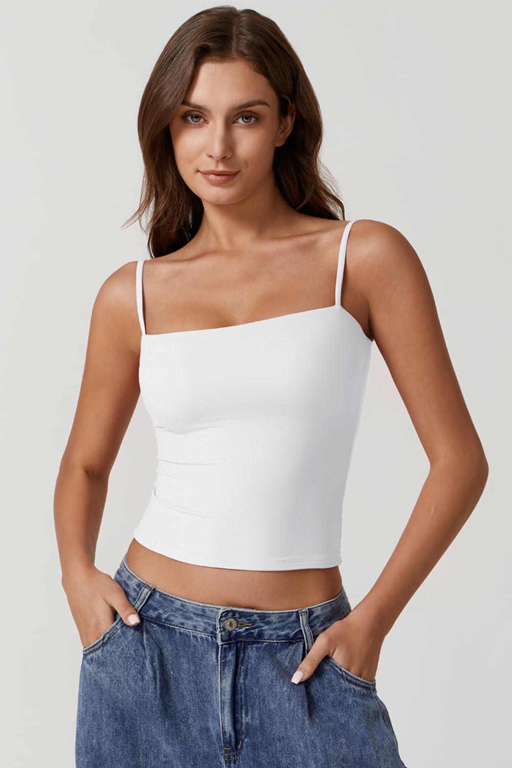 imageQINSEN Womens Double Lined Basic Tank Top Adjustable Spaghetti Straps Sleeveless Camisole ShirtsWhite