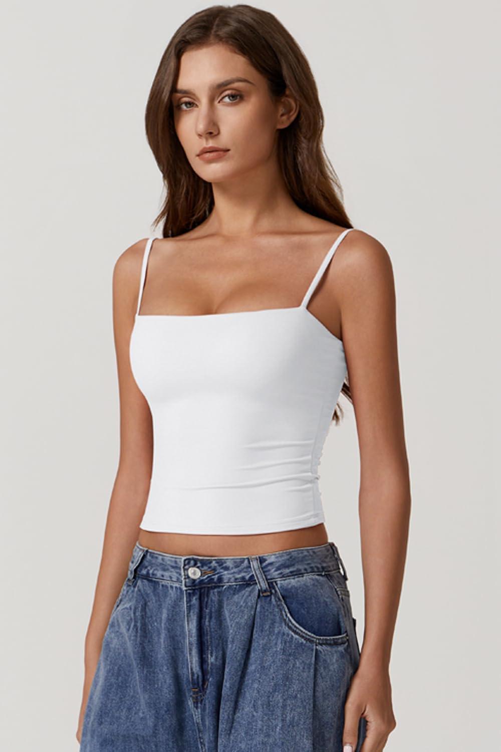imageQINSEN Womens Double Lined Basic Tank Top Adjustable Spaghetti Straps Sleeveless Camisole ShirtsWhite